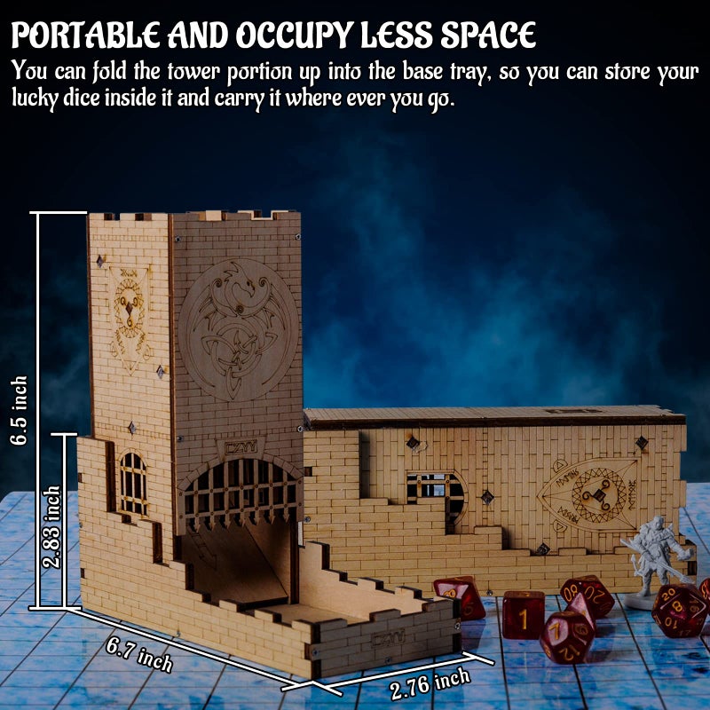 CZYY Castle Dice Tower with Tray Wood Laser Cut Dragon Carving Easy Roller Perfect for Board Game, D&D and RPG (Castle) - Image 3